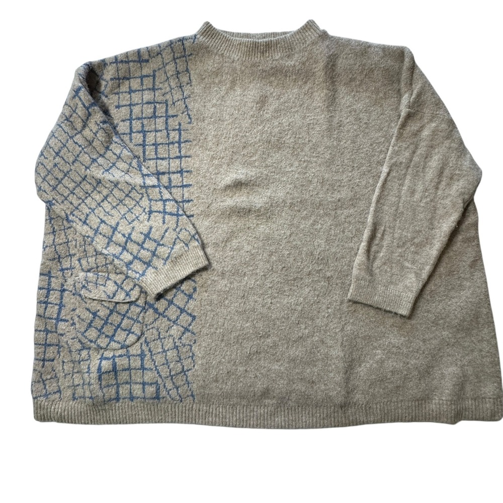 Ulla Popken Sweater Womens Plus Beige Blue Grid Knit Mock Neck Lagenlook Artsy